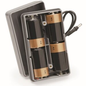 Gray battery holder with four cylindrical batteries, gold tops; black power cord attached.