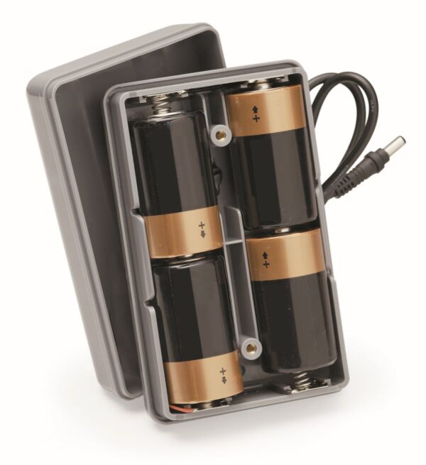 Gray battery holder with four cylindrical batteries, gold tops; black power cord attached.