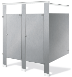 Gray metal bathroom stall partitions with top rail and visible hinges.