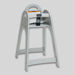 Gray wooden high chair for children with safety strap and curved design.