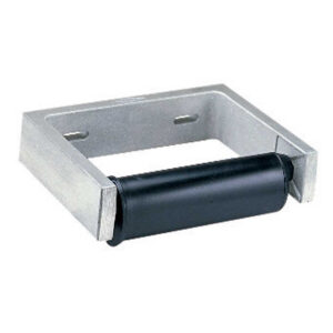 Metal bracket with cylindrical black rotating component for industrial material handling.