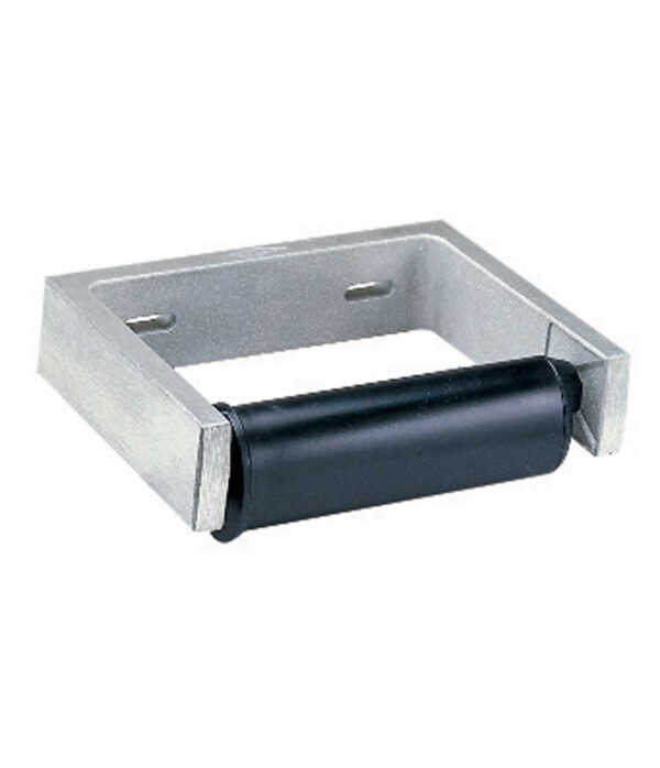 Metal bracket with cylindrical black rotating component for industrial material handling.