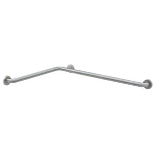 L-shaped polished metal safety grab bar for wall mounting in bathrooms.