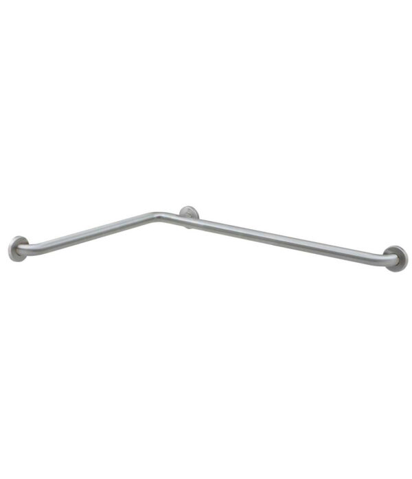 L-shaped polished metal safety grab bar for wall mounting in bathrooms.