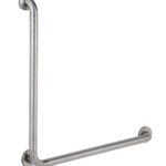 L-shaped stainless steel grab bar for wall mounting in bathrooms.