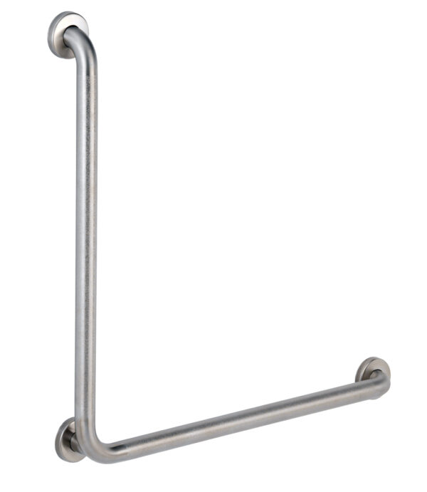 L-shaped stainless steel grab bar for wall mounting in bathrooms.