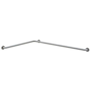 L-shaped stainless steel wall-mounted grab bar with brushed finish for accessibility support.