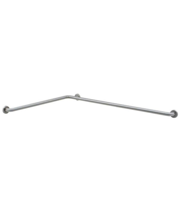 L-shaped stainless steel wall-mounted grab bar with brushed finish for accessibility support.