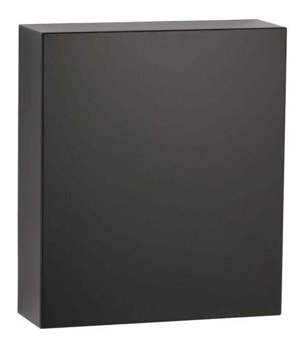 Matte black rectangular box with smooth surface and sharp edges.