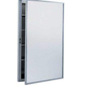 Wall-mounted medicine cabinet with mirrored front and metallic frame, door slightly ajar.