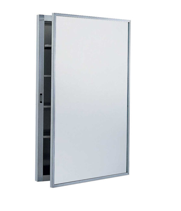 Wall-mounted medicine cabinet with mirrored front and metallic frame, door slightly ajar.