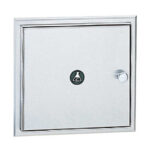 Metal wall-mounted cabinet with a circular handle and flask symbol on the door.