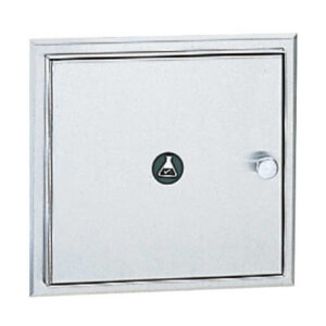 Metal wall-mounted cabinet with a circular handle and flask symbol on the door.