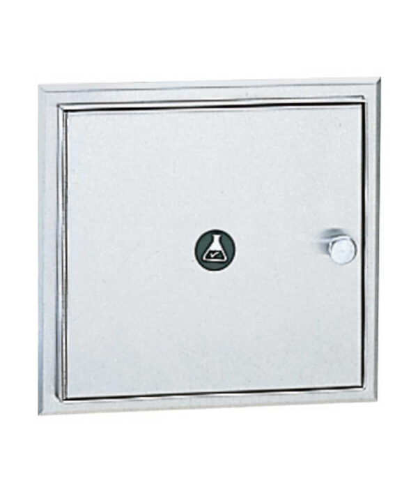 Metal wall-mounted cabinet with a circular handle and flask symbol on the door.