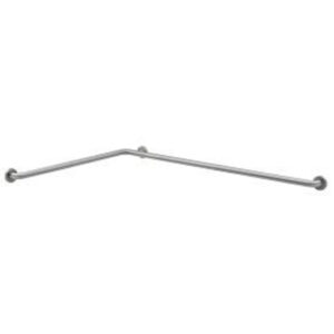 Metal corner grab bar with angled design and three circular mounting plates.