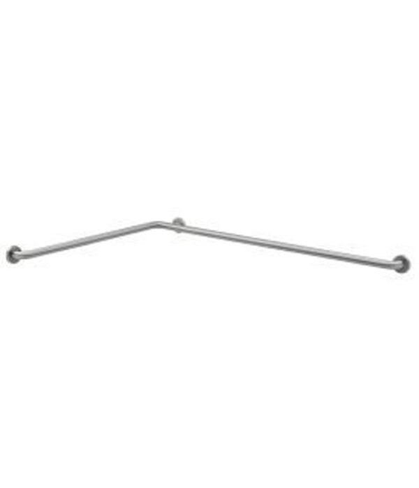 Metal corner grab bar with angled design and three circular mounting plates.