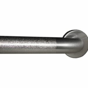 Metal grab bar with textured surface and round wall mount for safety and support.