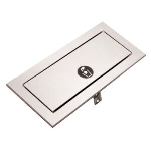 Rectangular metal kitchen counter trash chute with hinged lid and waste disposal symbol.