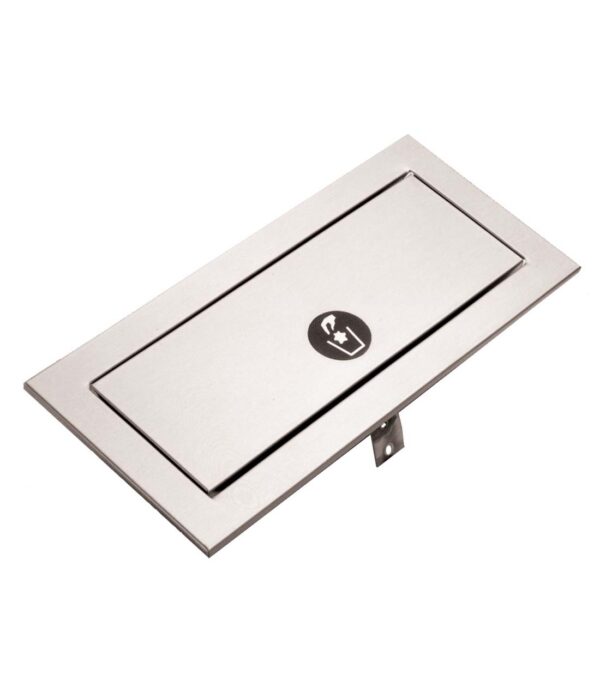 Rectangular metal kitchen counter trash chute with hinged lid and waste disposal symbol.