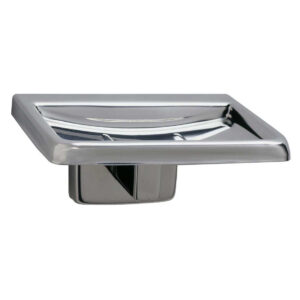 Metal wall-mounted soap dish, square, modern design, polished reflective finish.