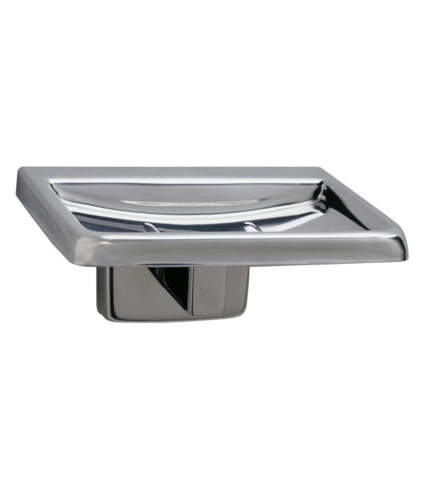 Metal wall-mounted soap dish, square, modern design, polished reflective finish.