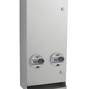 Metal wall-mounted sanitary napkin dispenser with two knobs and lock.