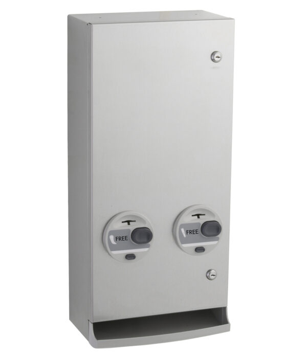 Metal wall-mounted sanitary napkin dispenser with two knobs and lock.