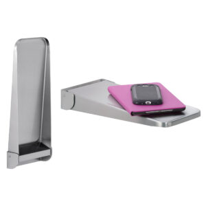 Metal shelf set with rectangular shelf, pink case, smartphone, and vertical holder attached.