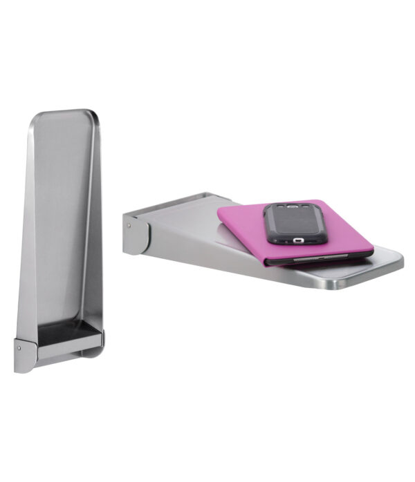 Metal shelf set with rectangular shelf, pink case, smartphone, and vertical holder attached.