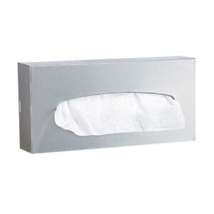 Rectangular metal tissue dispenser with visible tissue peeking out.