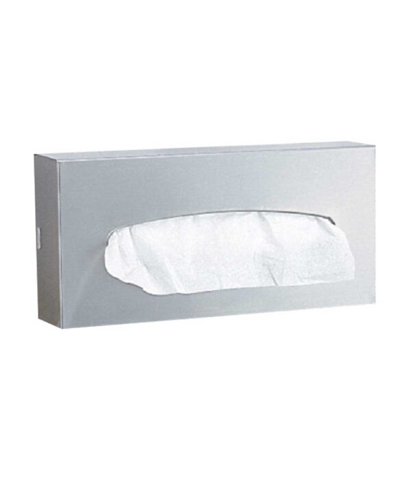 Rectangular metal tissue dispenser with visible tissue peeking out.