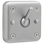 Metal toggle switch on brushed steel plate with rounded edges and corner screws.