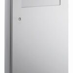 Metal wall-mounted cabinet with rectangular door, small window, and keyhole for locking.