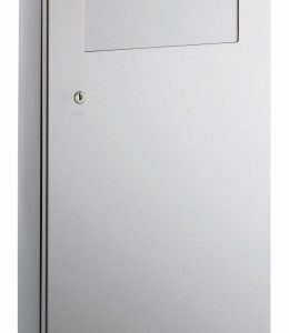 Metal wall-mounted cabinet with rectangular door, small window, and keyhole for locking.