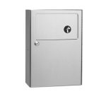 Metal wall-mounted disposal unit with small access door and waste disposal symbol.