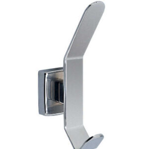 Metal wall hook with angular design and polished silver finish, featuring a single prong.