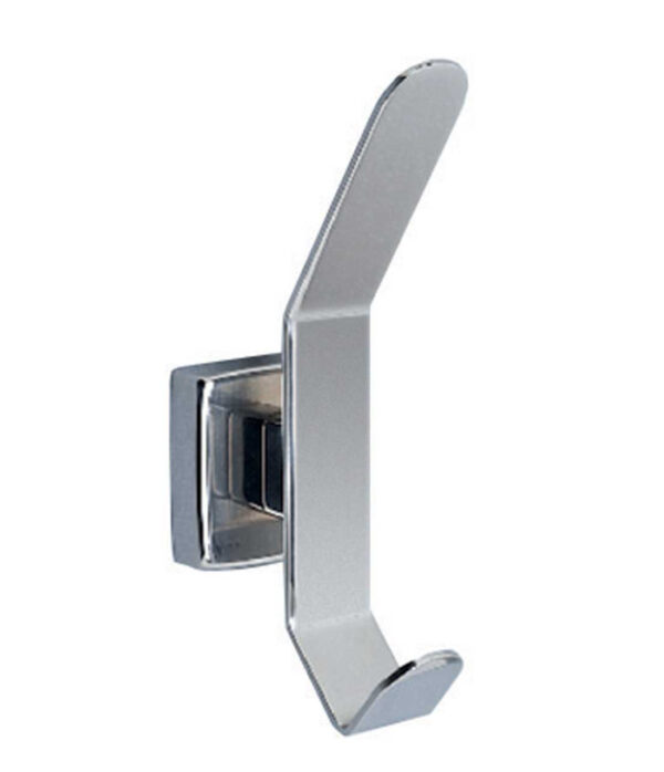 Metal wall hook with angular design and polished silver finish, featuring a single prong.