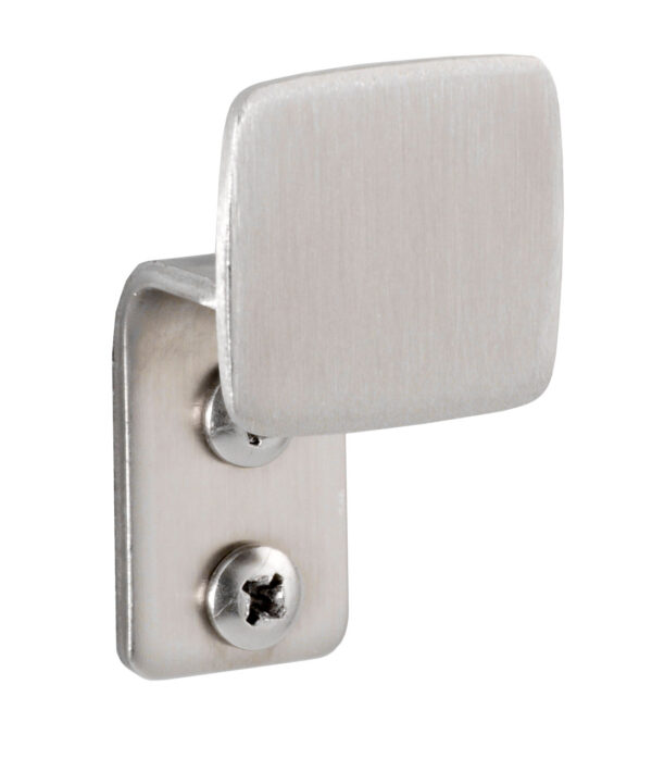 Metal wall-mounted hook with rectangular front plate and two screws for attachment.