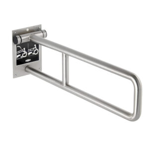 Metal wall-mounted folding grab bar with smooth tubular design for support or stability.