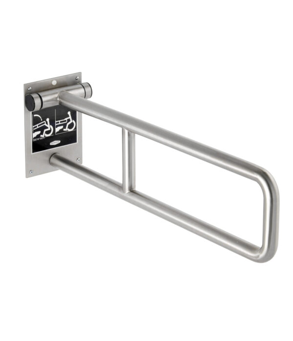 Metal wall-mounted folding grab bar with smooth tubular design for support or stability.