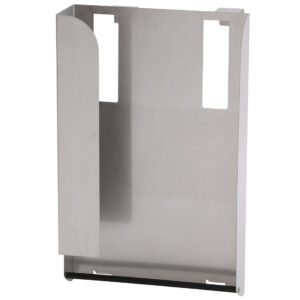 Metal wall-mounted paper towel dispenser with sleek design and openings for easy access.