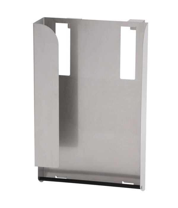 Metal wall-mounted paper towel dispenser with sleek design and openings for easy access.