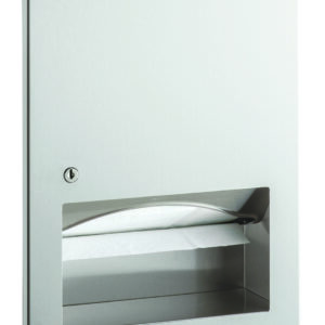 Metal wall-mounted paper towel dispenser with lock and dispensing slot.