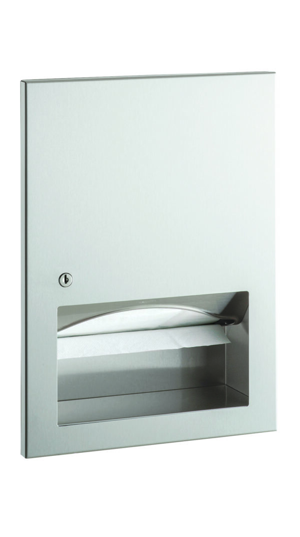 Metal wall-mounted paper towel dispenser with lock and dispensing slot.