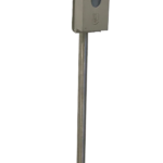 Metallic stand with base, vertical pole, and panel with oval cutout, for display or sensor use.