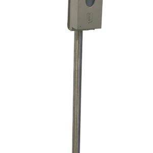 Metallic stand with base, vertical pole, and panel with oval cutout, for display or sensor use.