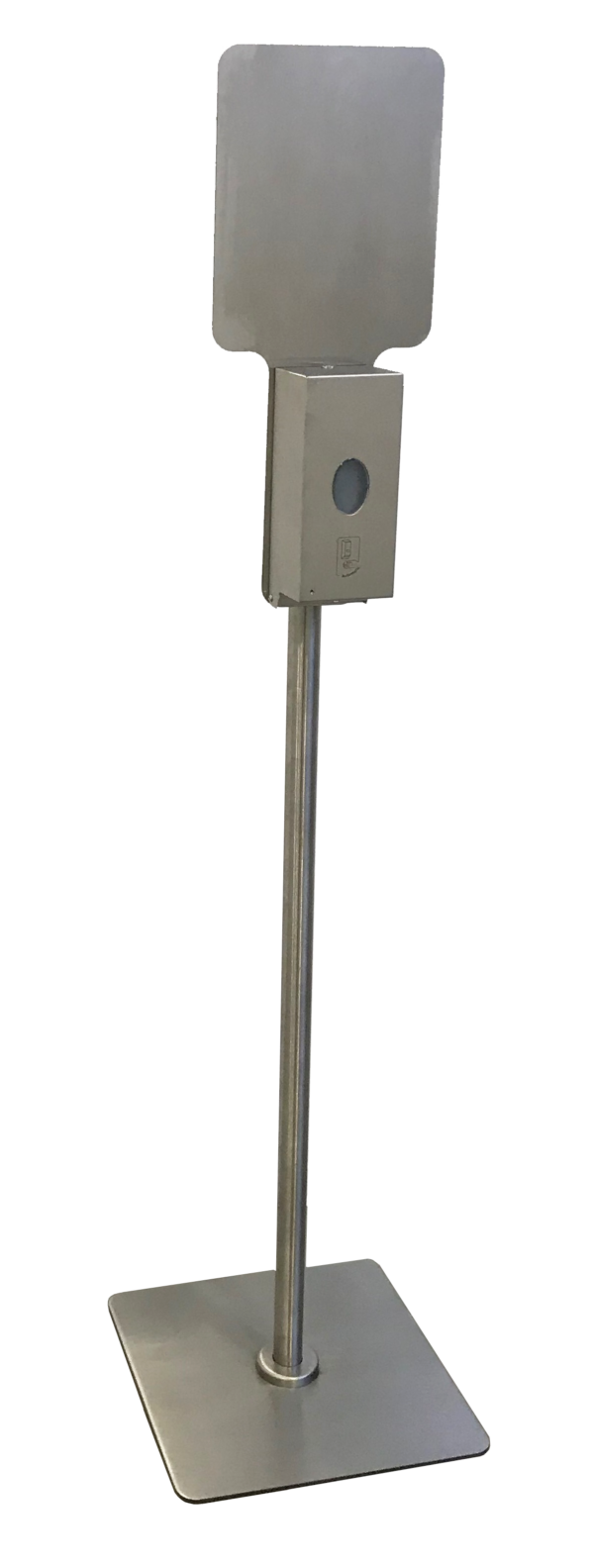 Metallic stand with base, vertical pole, and panel with oval cutout, for display or sensor use.