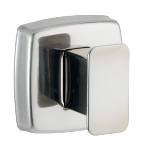 Metallic door latch with square base and rectangular rotating handle.