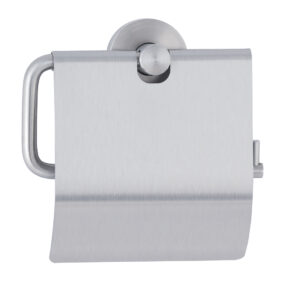 Metallic wall-mounted toilet paper holder with sleek, modern design and cover.