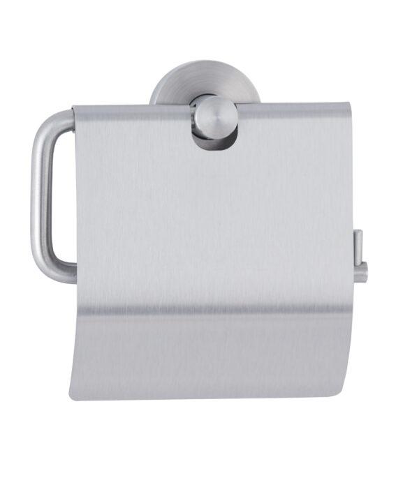 Metallic wall-mounted toilet paper holder with sleek, modern design and cover.